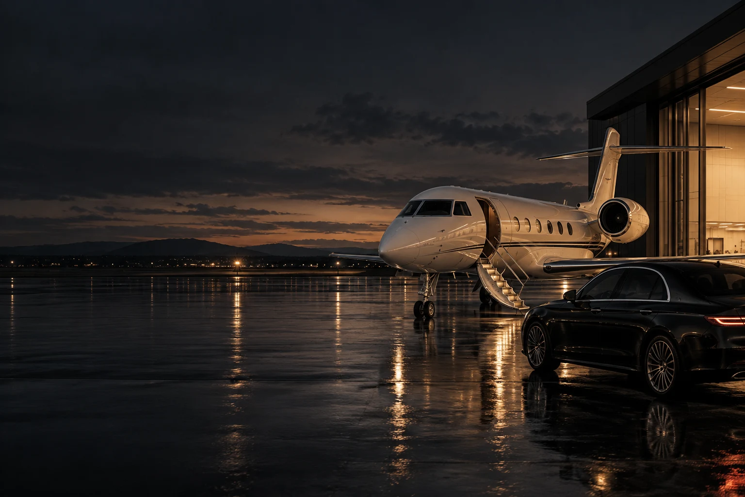 Private jet and chauffeur car on an airport apron at twilight